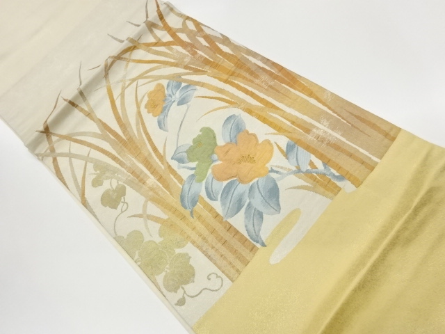 リサイクル　蔦に草花模様織出し開き名古屋帯（額縁仕立て）